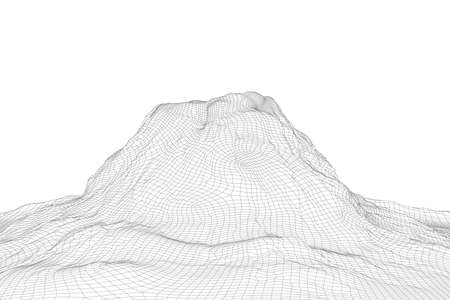Abstract vector wireframe landscape background. 3D futuristic mesh mountains. 80s Retro illustration. Cyberspace technology valleys.のイラスト素材