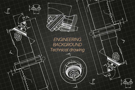 Mechanical engineering drawings on blue background. Boring bar with micrometric adjustment. Technical Design. Cover. Blueprint. Vector illustration.のイラスト素材