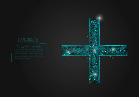 Abstract isolated blue image of a plus or cross sign. Polygonal illustration looks like stars in the blask night sky in spase or flying glass shards. Digital design for website, web, internet.のイラスト素材