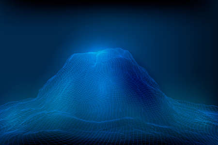 Abstract vector wireframe landscape background. 3D futuristic mesh mountains. 80s Retro...