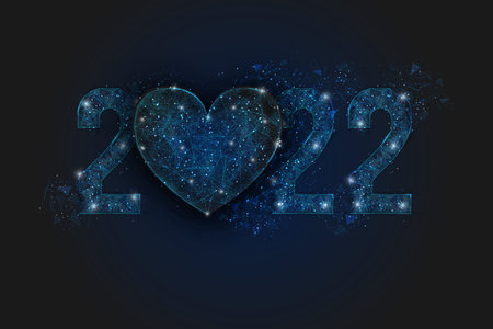 Abstract isolated blue image of new year number 2022 with heart. Polygonal low poly wireframe illustration looks like stars in the blask night sky in spase or flying glass shards.のイラスト素材
