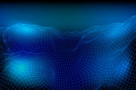 Abstract vector wireframe landscape background. 3D futuristic mesh mountains. 80s Retro illustration. Cyberspace technology valleys.のイラスト素材