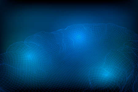 Abstract vector wireframe landscape background. 3D futuristic mesh mountains. 80s Retro illustration. Cyberspace technology valleys.のイラスト素材