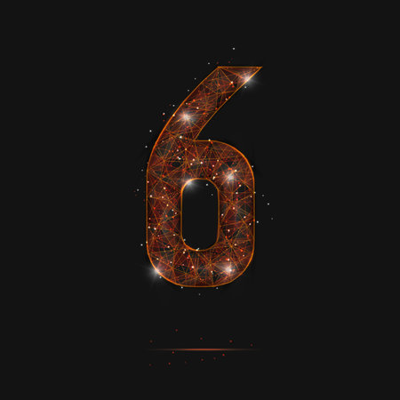 Abstract isolated orange image of a number six. Polygonal illustration looks like stars in the blask night sky in spase or flying glass shards. Digital design for website, web, internet.のイラスト素材