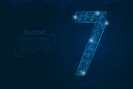 Abstract isolated blue image of a number seven. Polygonal illustration looks like stars in the blask night sky in spase or flying glass shards. Digital design for website, web, internet.のイラスト素材