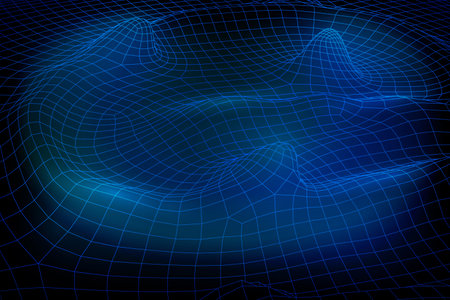 Abstract vector wireframe landscape background. 3D futuristic mesh mountains. 80s Retro illustration. Cyberspace technology valleys.のイラスト素材