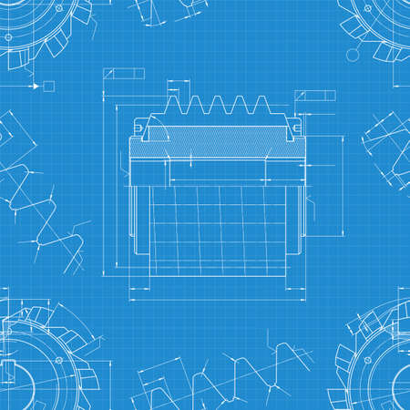 Mechanical engineering drawings on blue background. Cutting tools, milling cutter. Technical Design. Cover. Blueprint. Seamless pattern. Vector illustration.のイラスト素材