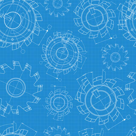 Mechanical engineering drawings on blue background. Cutting tools, milling cutter. Technical Design. Cover. Blueprint. Seamless pattern. Vector illustration.のイラスト素材