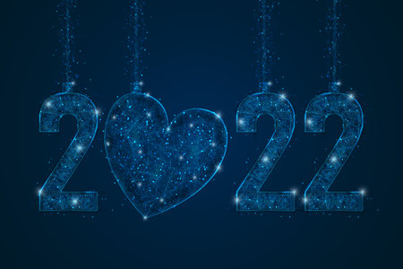 Abstract isolated blue image of new year number 2022. Polygonal low poly wireframe illustration looks like stars in the blask night sky in spase or flying glass shards. Digital web, internet design.のイラスト素材