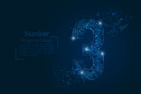 Abstract isolated blue image of a number three. Polygonal illustration looks like stars in the blask night sky in spase or flying glass shards. Digital design for website, web, internet.のイラスト素材