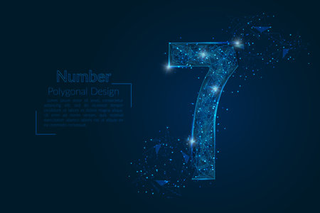 Abstract isolated blue image of a number seven. Polygonal illustration looks like stars in the blask night sky in spase or flying glass shards. Digital design for website, web, internet.のイラスト素材