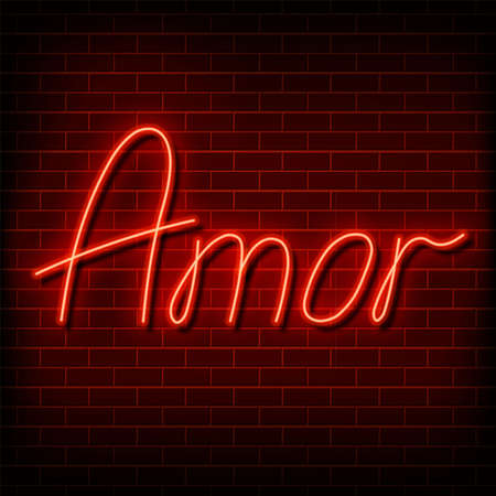 Neon word love in spanish and portuguese. A bright red sign on a brick wall. Element of design for a happy Valentine s day. Vector illustrationのイラスト素材