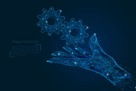 Abstract isolated image of human hand with cogwheels. Polygonal low poly style illustration looks like stars in the blask night sky in spase or flying glass shards.のイラスト素材