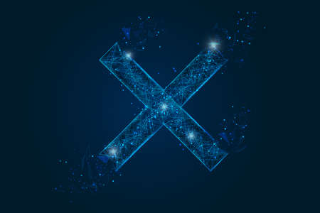Abstract isolated blue image of a multiply sign. Polygonal illustration looks like stars in the blask night sky in spase or flying glass shards. Digital design for website, web, internet.のイラスト素材