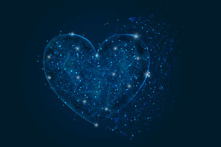 Abstract isolated blue image of a heart. Polygonal illustration looks like stars in the blask night sky in spase or flying glass shards. Digital design for website, web, internet.のイラスト素材