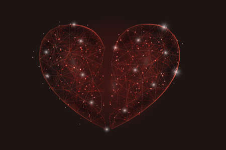 Abstract isolated image of broken red heart. Polygonal low poly style illustration looks like stars in the blask night sky in spase or flying glass shards.の写真素材