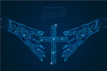 Abstract isolated image of human hand holding christian cross. Polygonal low poly style illustration looks like stars in the blask night sky in spase or flying glass shards.のイラスト素材
