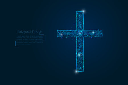 Abstract isolated image christian cross. Polygonal low poly style illustration looks like stars in the blask night sky in spase or flying glass shards.のイラスト素材