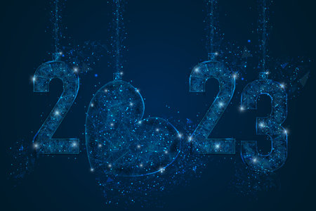 Abstract isolated blue image of new year number 2023. Polygonal low poly wireframe illustration looks like stars in the blask night sky in spase or flying glass shards. Digital web, internet design.のイラスト素材
