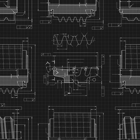 Mechanical engineering drawings on black background. Cutting tools, milling cutter. Technical Design. Cover. Blueprint. Seamless pattern. Vector illustration.のイラスト素材