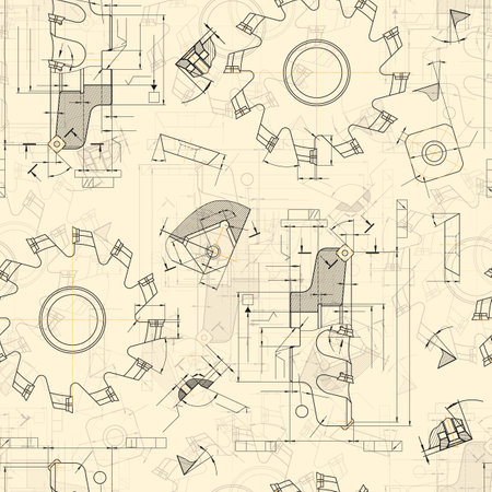 Mechanical engineering drawings on light background. Cutting tools, milling cutter. Technical Design. Cover. Blueprint. Seamless pattern. Vector illustration.のイラスト素材