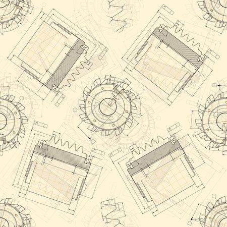 Mechanical engineering drawings on light background. Cutting tools, milling cutter. Technical Design. Cover. Blueprint. Seamless pattern. Vector illustration.のイラスト素材