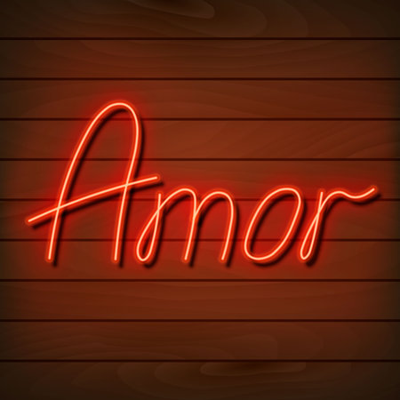 Neon word love in spanish and portuguese. A bright red sign on a wooden wall. Element of design for a happy Valentine s day. Vector illustrationのイラスト素材