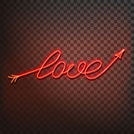 Neon word love. A bright red sign on a on a transparent background. Element of design for a happy Valentine s day. Vector illustration.のイラスト素材