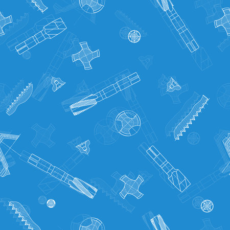 Mechanical engineering drawings on blue background. Tap tools, borer. Technical Design. Cover. Blueprint. Seamless pattern. Vector illustration.のイラスト素材