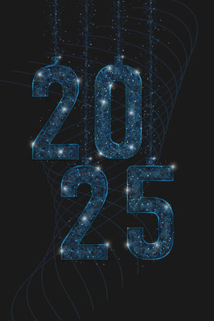 Abstract isolated blue image of new year number 2025. Polygonal low poly wireframe illustration looks like stars in the black night sky in space or flying glass shards. Digital web, internet design.のイラスト素材