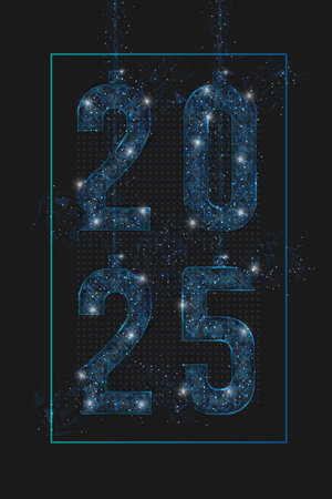 Abstract isolated blue image of new year number 2025. Polygonal low poly wireframe illustration looks like stars in the black night sky in space or flying glass shards. Digital web, internet design.のイラスト素材