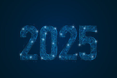 Abstract isolated blue image of new year number 2025. Polygonal low poly wireframe illustration...