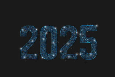 Abstract isolated blue image of new year number 2025. Polygonal low poly wireframe illustration...