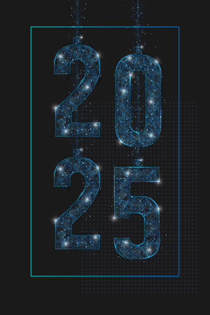 Abstract isolated blue image of new year number 2025. Polygonal low poly wireframe illustration looks like stars in the black night sky in space or flying glass shards. Digital web, internet design.のイラスト素材