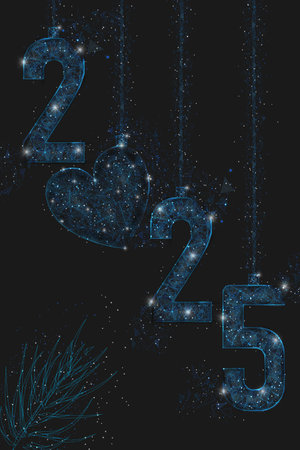 Abstract isolated blue image of new year number 2025. Polygonal low poly wireframe illustration looks like stars in the black night sky in space or flying glass shards. Digital web, internet design.のイラスト素材