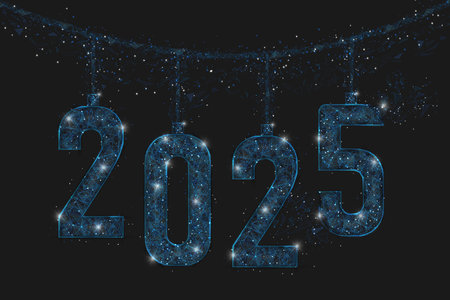 Abstract isolated blue image of new year number 2025. Polygonal low poly wireframe illustration...