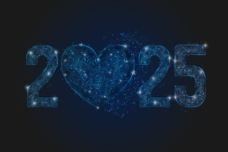 Abstract isolated blue image of new year number 2025. Polygonal low poly wireframe illustration looks like stars in the black night sky in space or flying glass shards. Digital web, internet design.のイラスト素材
