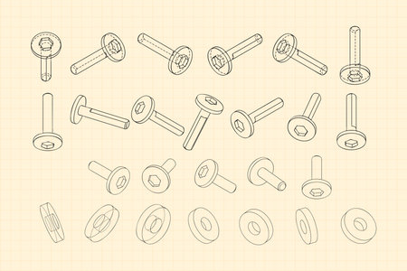 Mechanical engineering drawings on sepia background. Cutter, assembly tool with replaceable multi-faceted plate. Technical Design. Cover. Blueprint. Vector illustration.のイラスト素材