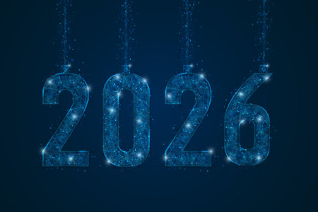 Abstract isolated blue image of new year number 2026. Polygonal low poly wireframe illustration looks like stars in the black night sky in space or flying glass shards. Digital web, internet design.のイラスト素材