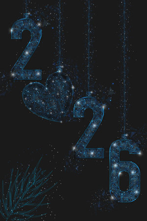 Abstract isolated blue image of new year number 2026. Polygonal low poly wireframe illustration looks like stars in the black night sky in space or flying glass shards. Digital web, internet design.のイラスト素材
