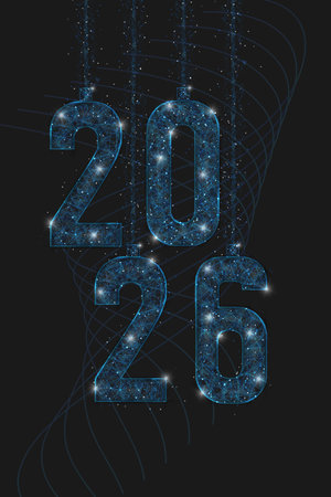 Abstract isolated blue image of new year number 2026. Polygonal low poly wireframe illustration looks like stars in the black night sky in space or flying glass shards. Digital web, internet design.のイラスト素材