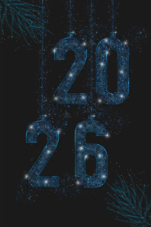 Abstract isolated blue image of new year number 2026. Polygonal low poly wireframe illustration looks like stars in the black night sky in space or flying glass shards. Digital web, internet design.のイラスト素材