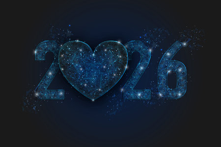 Abstract isolated blue image of new year number 2026. Polygonal low poly wireframe illustration...