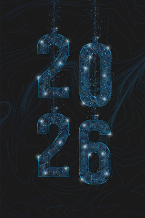 Abstract isolated blue image of new year number 2026. Polygonal low poly wireframe illustration looks like stars in the black night sky in space or flying glass shards. Digital web, internet design.のイラスト素材
