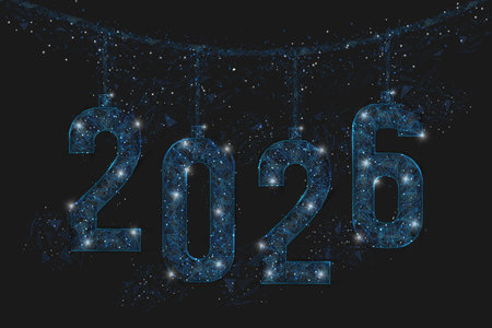 Abstract isolated blue image of new year number 2026. Polygonal low poly wireframe illustration...
