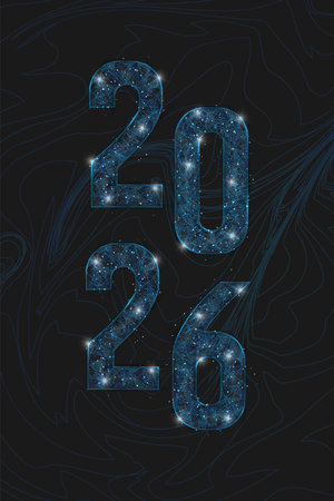 Abstract isolated blue image of new year number 2026. Polygonal low poly wireframe illustration looks like stars in the black night sky in space or flying glass shards. Digital web, internet design.のイラスト素材