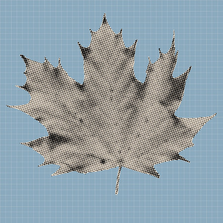 Vintage halftone maple leaf illustration created with black dots on a textured background. Retro botanical vector design element suitable for posters, prints, stickers, and modern graphic artwork.のイラスト素材