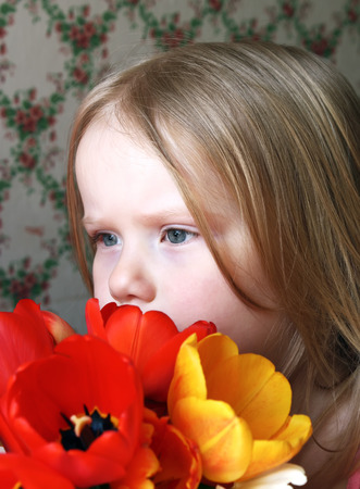 Little blond girl with red and yellow lush tulips at springの写真素材