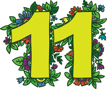 Number 11 with decorative floral and herbal elements.のイラスト素材