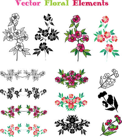 Floral vintage elements. Bright floral vignettes and borders isolated on white background.のイラスト素材